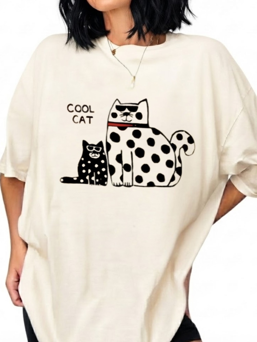 Cool Cat Polka Dot Cats Sunglasses Cute Animal Vintage Cream T-Shirt